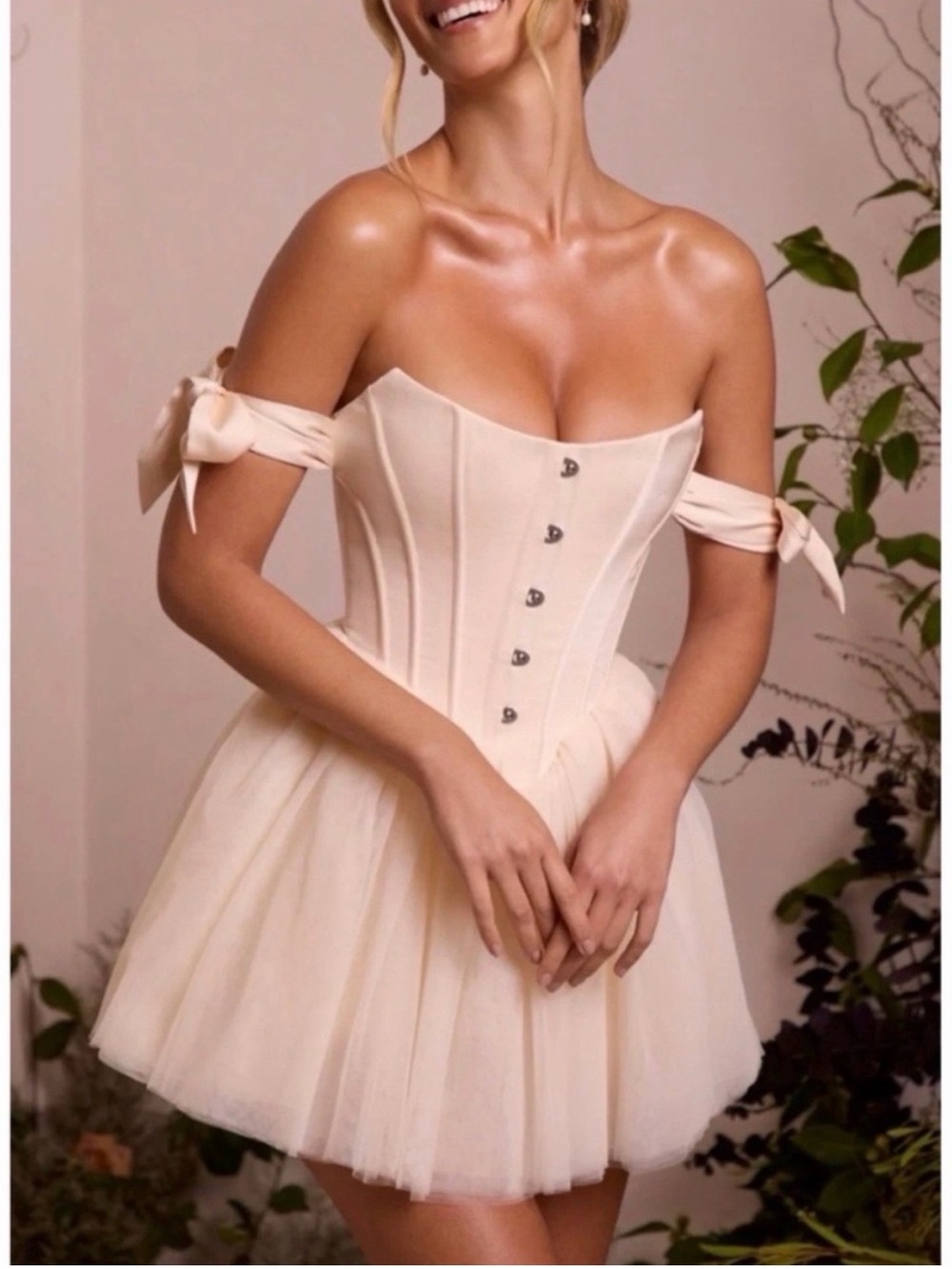 Oh Polly Strapless Cream Corset Tulle Mini Dress